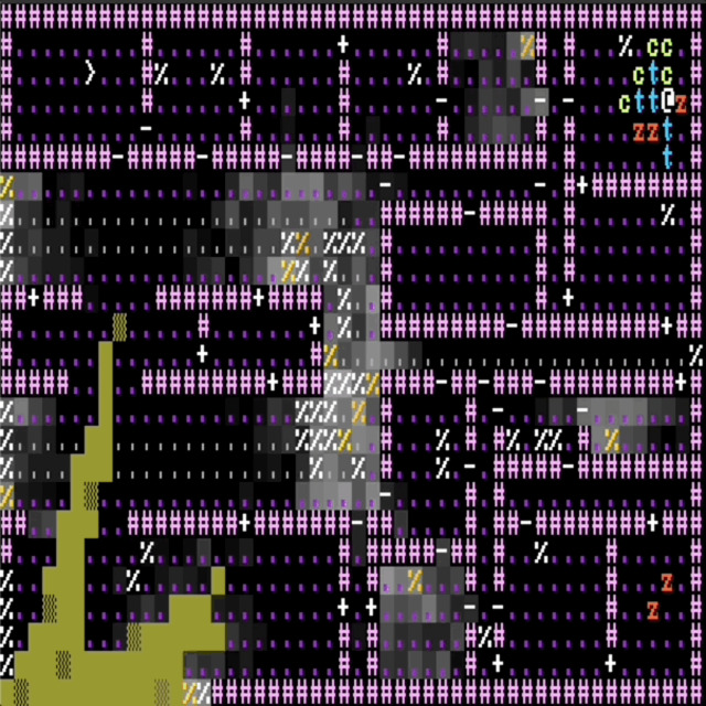 Gameplay with the entire map revealed. Enemies are grouped around the player.