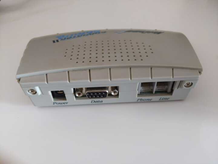 Netcomm Roadster II 56 Ultra modem, rear view showing jacks: Power, Data, Phone, Line