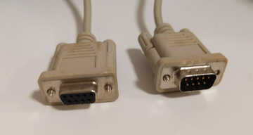 The ends of a DB9 M/F serial cable