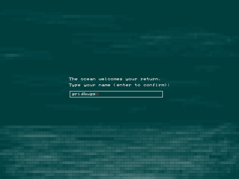 Screenshot showing the end text and prompt to enter player's name with a picture of the ocean as the background