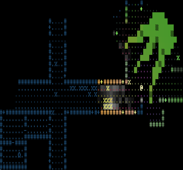 Ascii representation of a city with burning debris and a glowing green blob