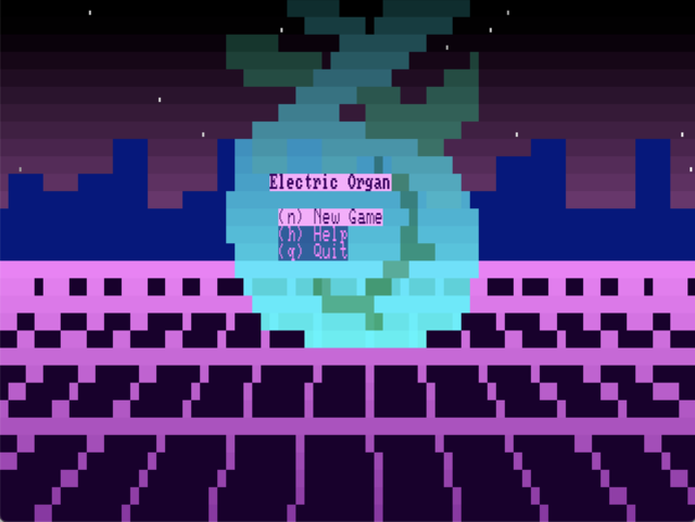 Main menu of the game. The foreground is a neon pink grid. The background is a city with a night sky behind it. There is a floating blue anatomical heart.