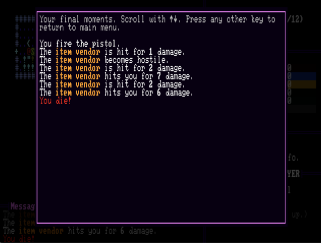 Message log death screen after the player attacked a vendor who then turned hostile and killed them