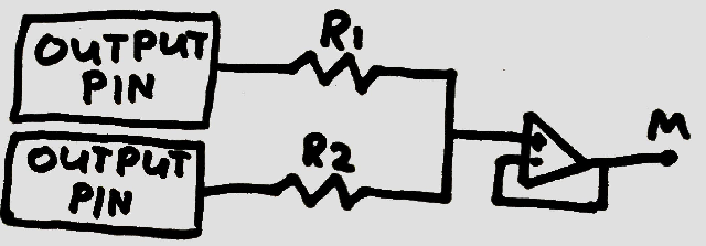 diagram showing two output pins connected through resistors (labeled R1 and R2) through a voltage forwarder to a common node M