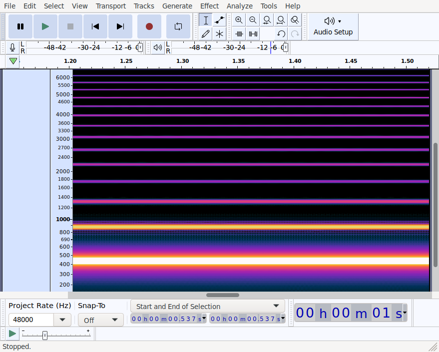 Screenshot from Audacity showing a spectrogram of the audio produced by running a NES program that plays a 440Hz sine wave.