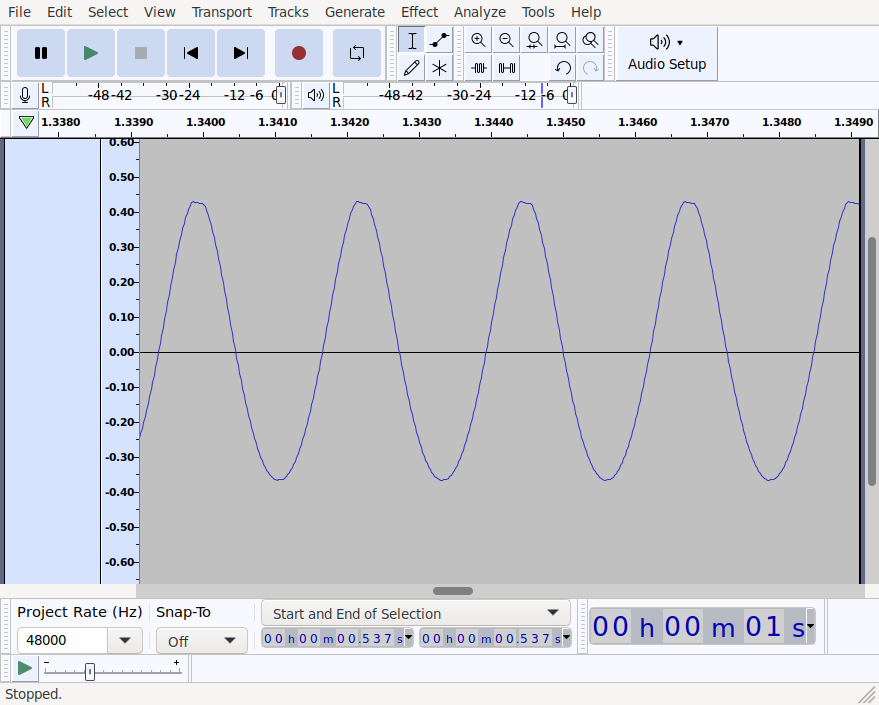 Screenshot from Audacity showing a time domain representation of the audio produced by running a NES program that plays a 440Hz sine wave.