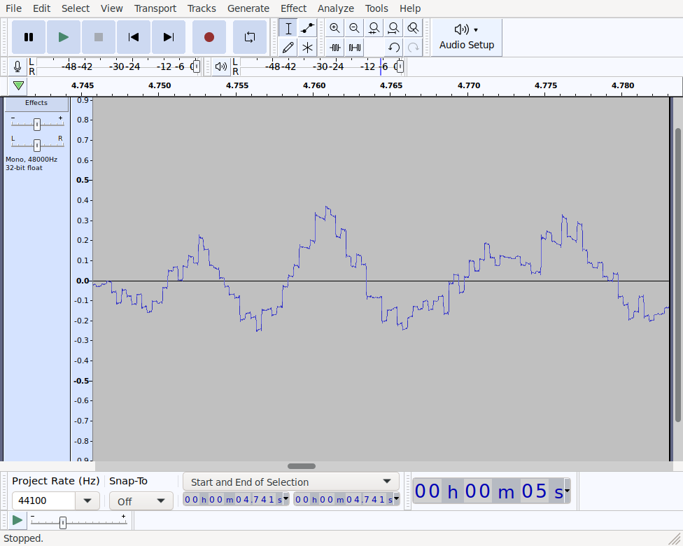 Screenshot of audacity showing the step shape of the wave form