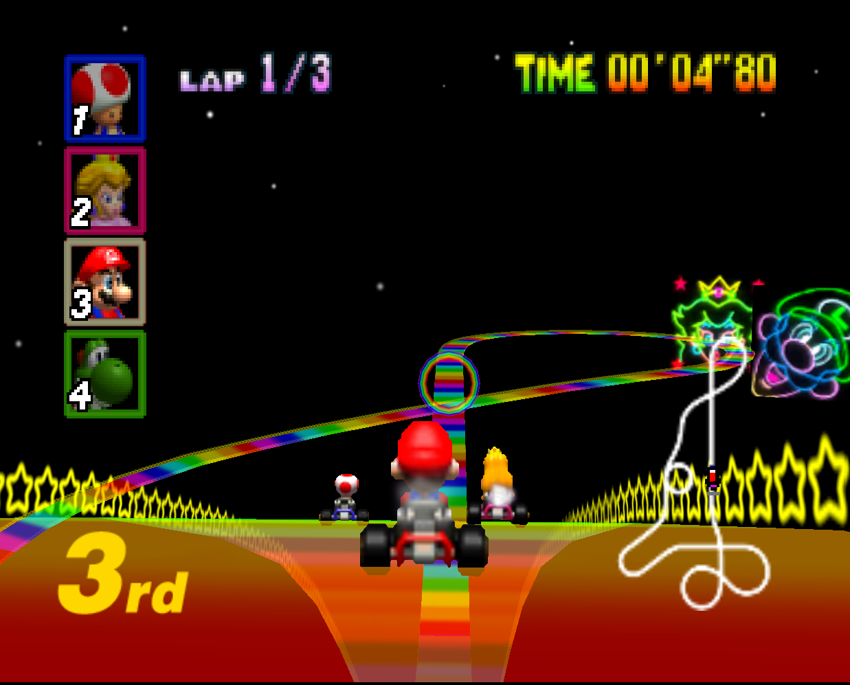 Screenshot from the Rainbow Road stage of Mario Kart 64