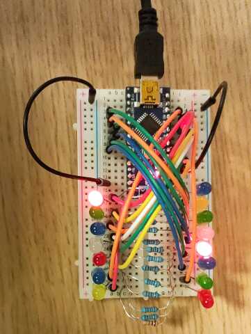 An Arduino Nano on a breadboard according to the circuit diagram above