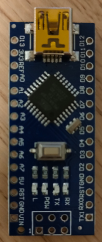 A top-down view of an Arduino Nano