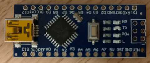 A top-down view of an Arduino Nano