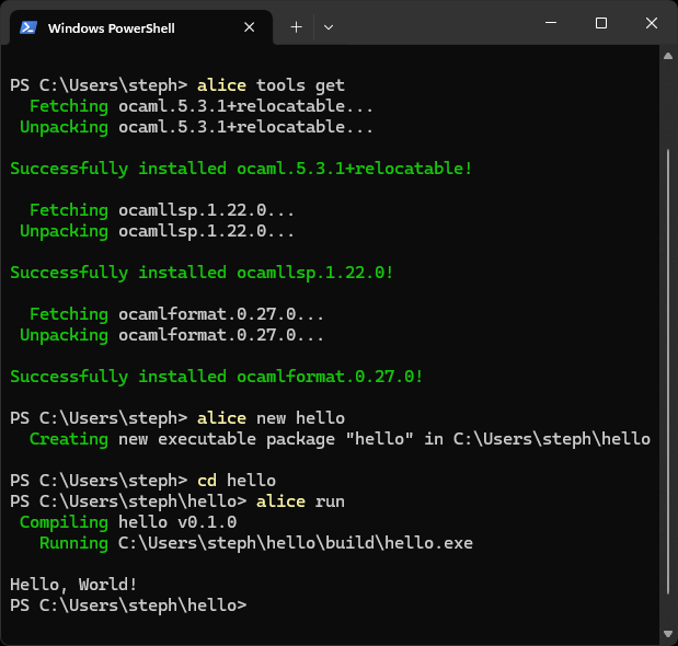 A screenshot of a powershell session with the commands get started with Alice