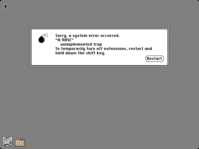 MacOS System 7 boot error with a “Restart” button