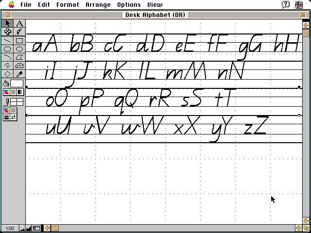 An alphabet of upper and lower case letters as commonly seen in classrooms