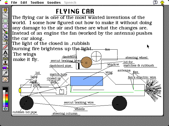 Kid Pix screenshot with an image of a technical drawing of a flying car obviously made by a child (me!)