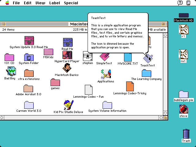 The help bubble for TeachText explains that it can be used to display certain graphics