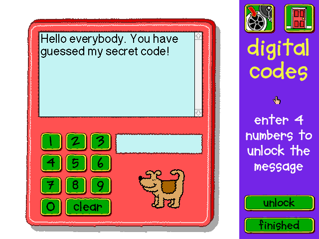 The code minigame with the message: Hello everybody. You have guessed my secret code!