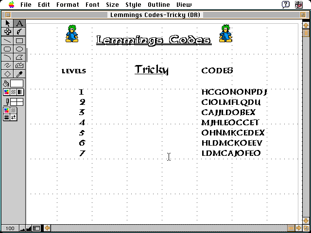 Document with a list of Lemmings level codes